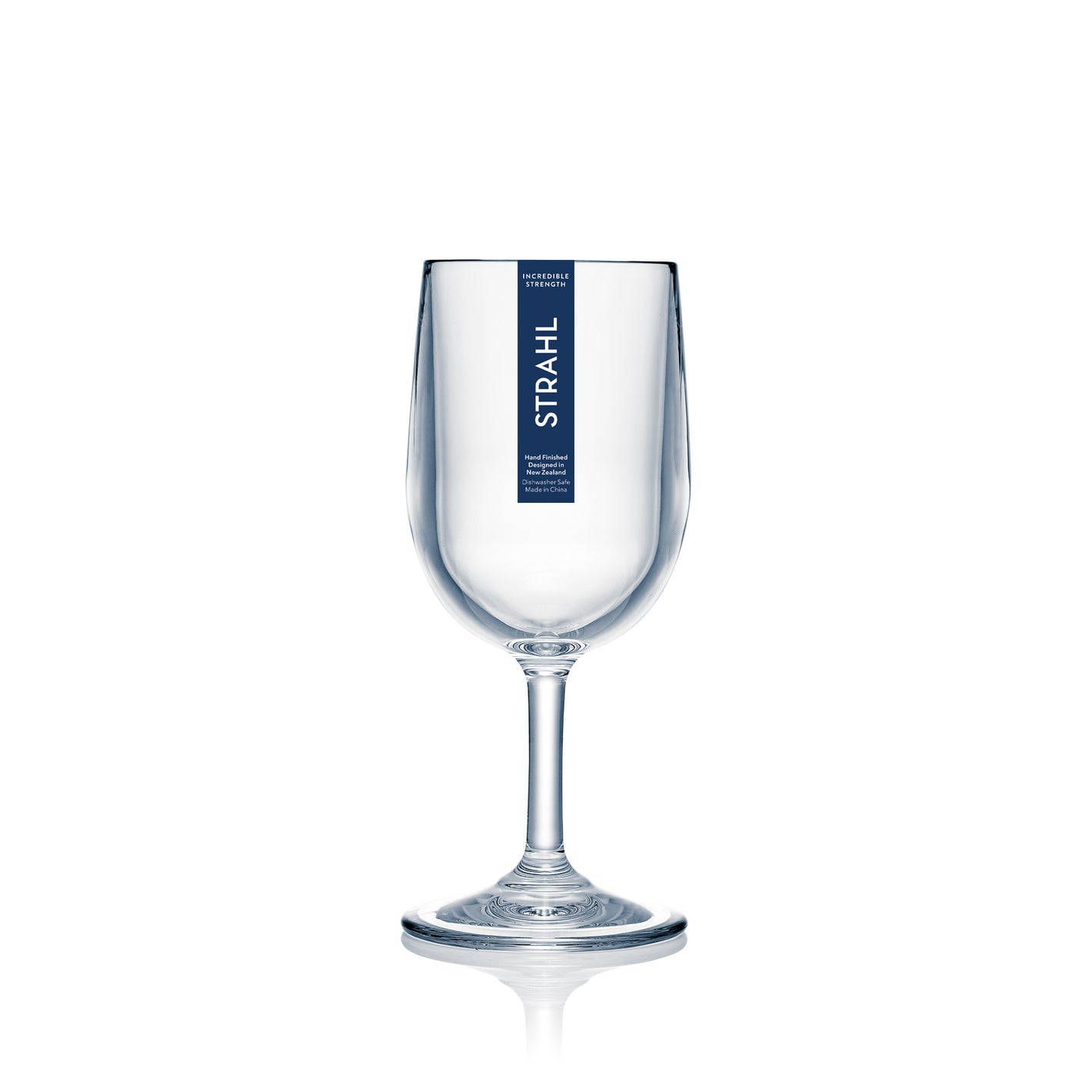 Clear wine glass with 'STRAHL' branding on a white background