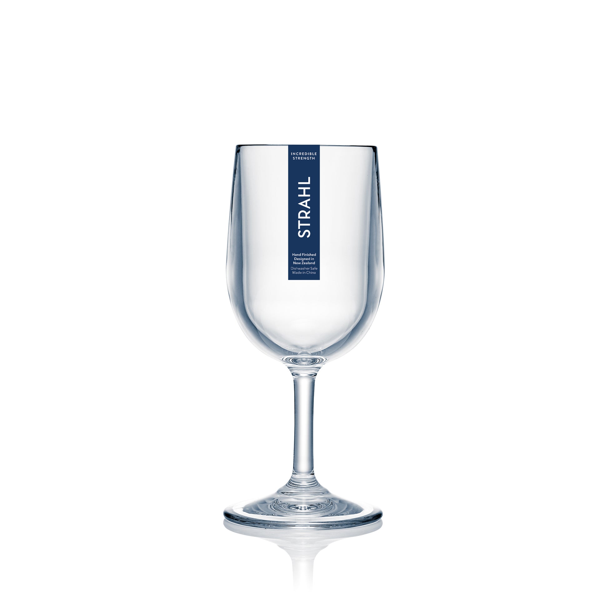 Clear wine glass with 'STRAHL' branding on a white background