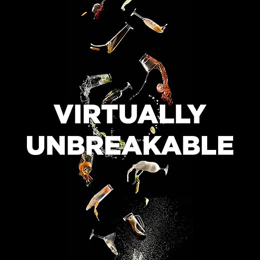 Glassware being shattered with the text 'Virtually Unbreakable' on a black background