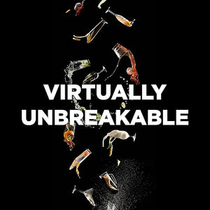 Glassware being shattered with the text 'Virtually Unbreakable' on a black background