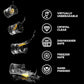Glassware with icons and text on a black background