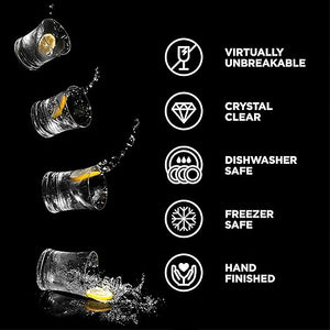 Glassware with icons and text on a black background