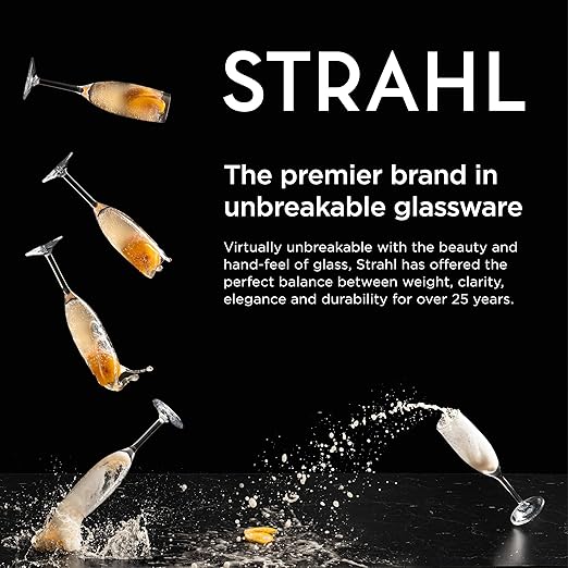 Advertisement for Strahl unbreakable glassware with glasses splashing on a black background.