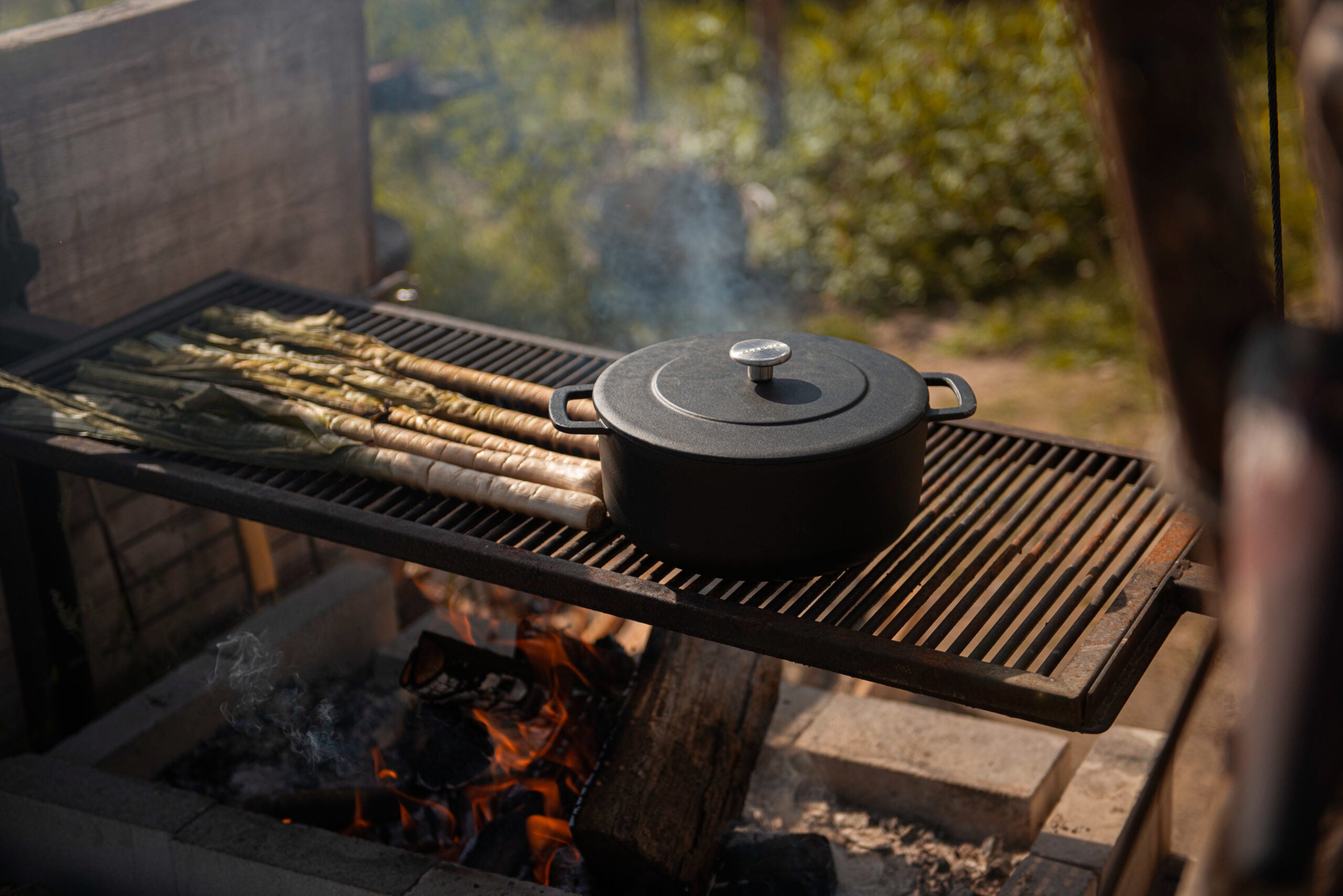 Black pot on a grill with asparagus, outdoors