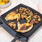Grilled chicken and mushrooms on a cast iron skillet with 'Oni' branding.