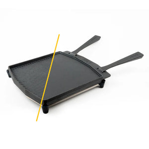 Black grill pan with handles on a white background