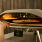 Person taking a pizza out of an open outdoor pizza oven with a digital display showing 450 degrees.