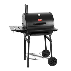 CHAR-GRILLER WRANGLER CHARCOAL BARRELL GRILL WITH METAL FRONT AND SIDE SHELF - Importeco